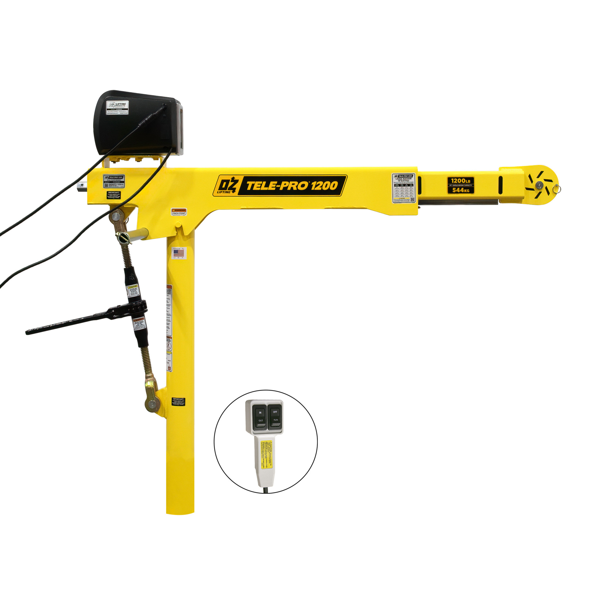 OZ Lifting Products Tele-Pro Davit Crane with AC Winch, 1200-Lb. Capacity, 58.25in. Height, Model# OZTP1200DAV-ACW